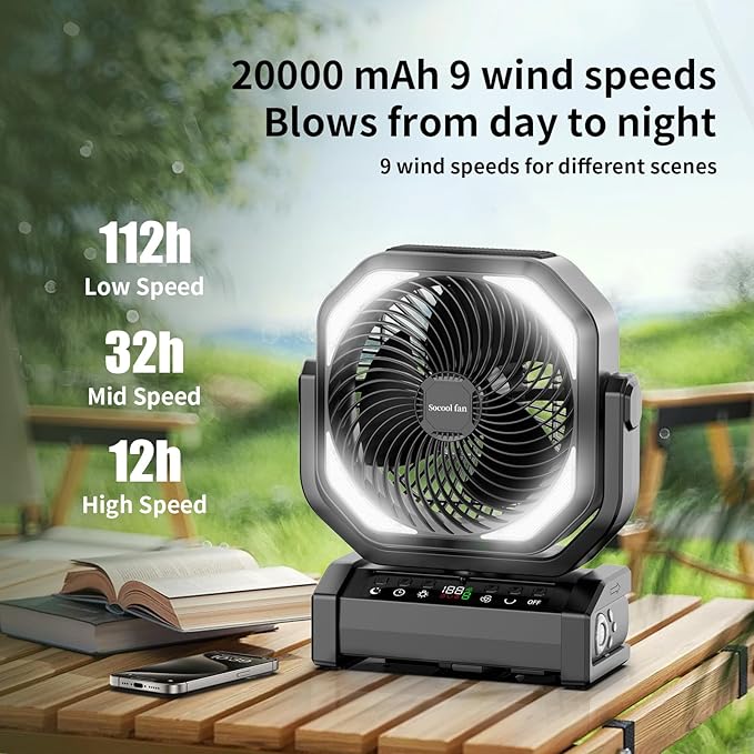 Socool Camping Fan with Light - 20000mAh Rechargeable Battery Fan, 112Hrs Max Run Time, 9 Speeds, Digital Display, Timer, Auto Oscillation, 270° Pivot & Hook for Camping, Power Outage, Hurricane - Image 3