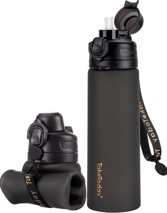 TakeToday Collapsible Water Bottles 20oz, Leak Proof, BPA-Free, Foldable Silicone Travel Water Bottle with Straw Strap for Cycling, Hiking, Outdoors
