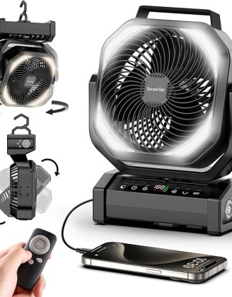 Socool Camping Fan with Light - 20000mAh Rechargeable Battery Fan, 112Hrs Max Run Time, 9 Speeds, Digital Display, Timer, Auto Oscillation, 270° Pivot & Hook for Camping, Power Outage, Hurricane
