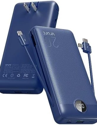 VRURC Portable Charger 20000mAh, Fast Charging Power Bank USB C,4 Output 2 Input Travel Essentials Charging Bank Equipped with LED Display,Built-in Wall Plug and Cables,Phone Charger Battery,Navy